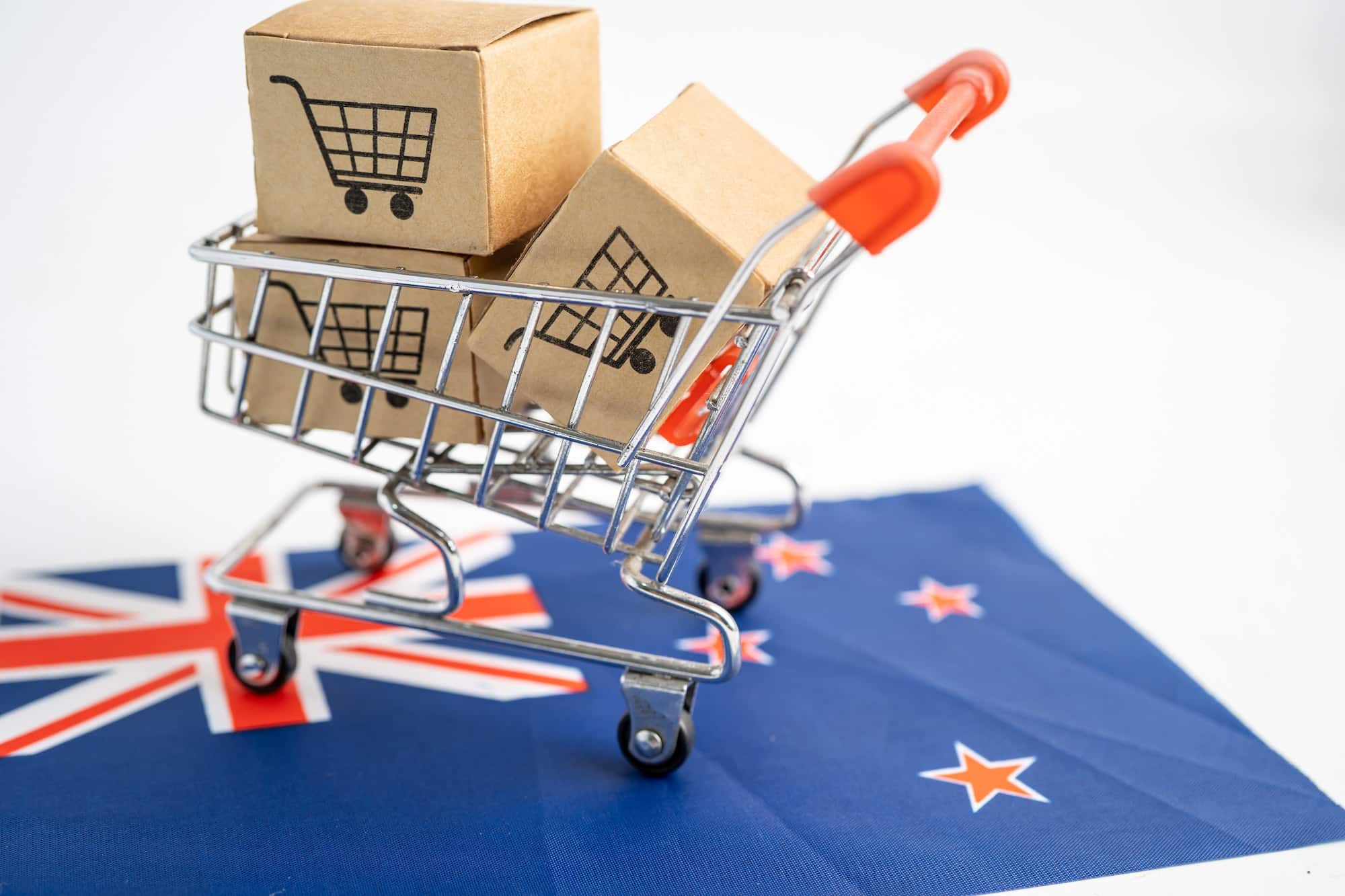 Shopping cart import export and stethoscope on New Zealand flag.