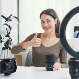 Content creator making a product review video for social media