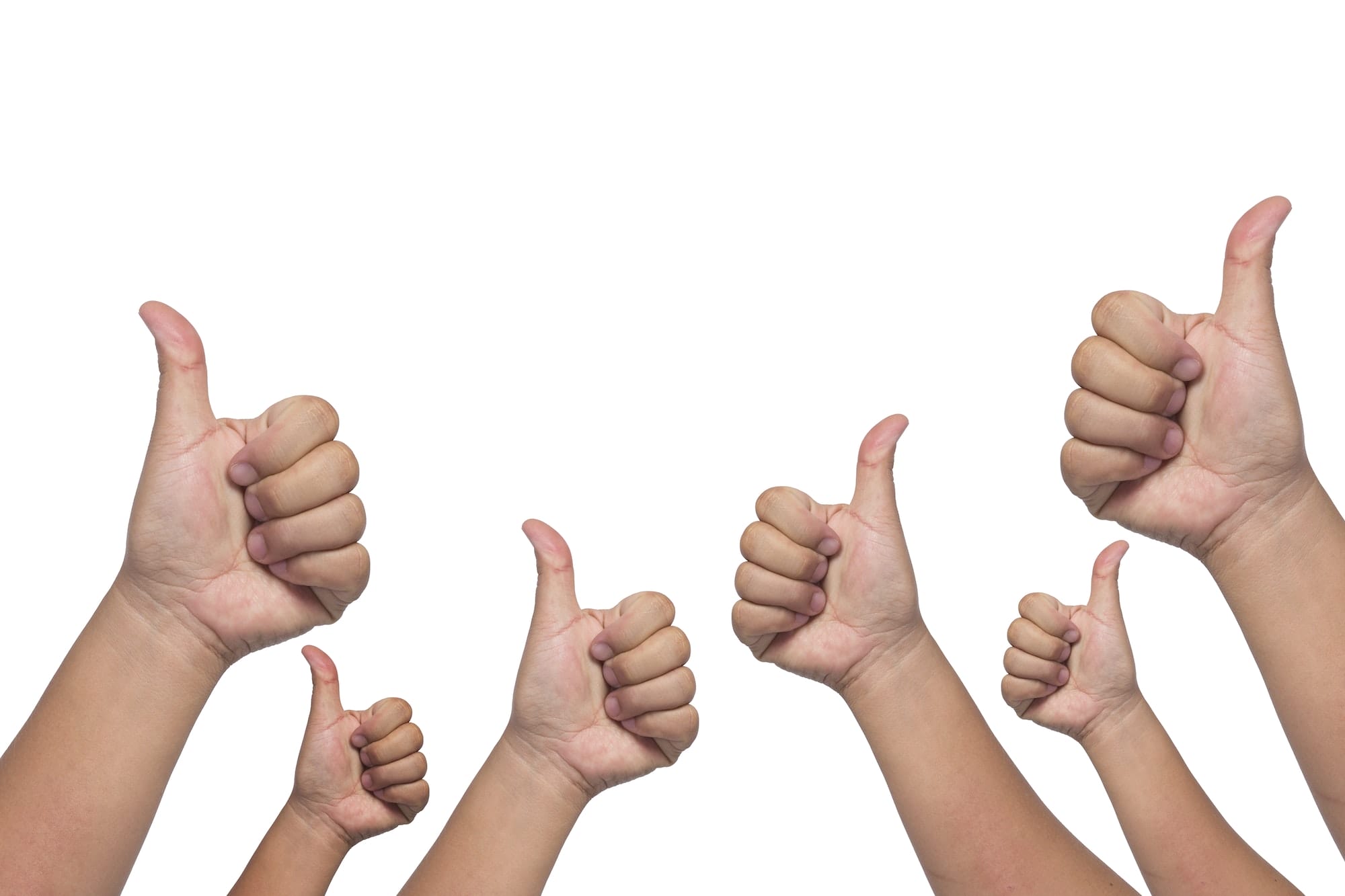 Many people congratulate a winner and holding their thumbs up on whitr background