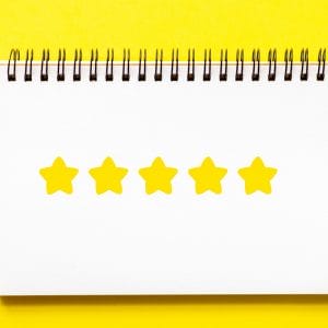 Quality rating. Approval acceptance honor. Five yellow stars row on white background